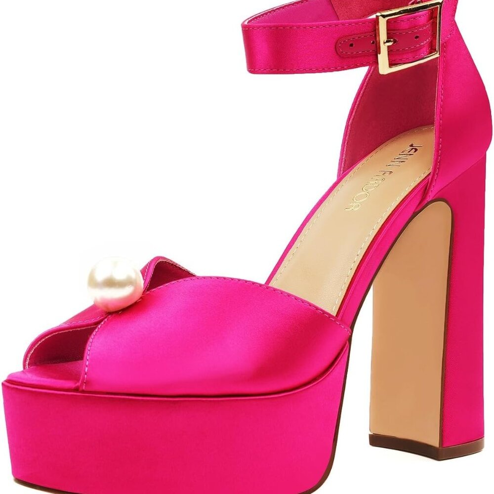 JENN ARDOR Women's Stylish Chunky Platform High Block Heels with Pearl Comfortab